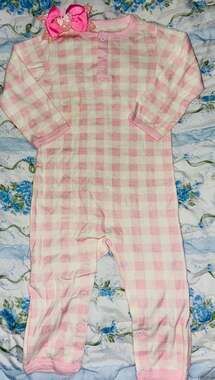 HB Pink and White Gingham Pattern Long Sleeve Infant Sleep and Play with Bow Det